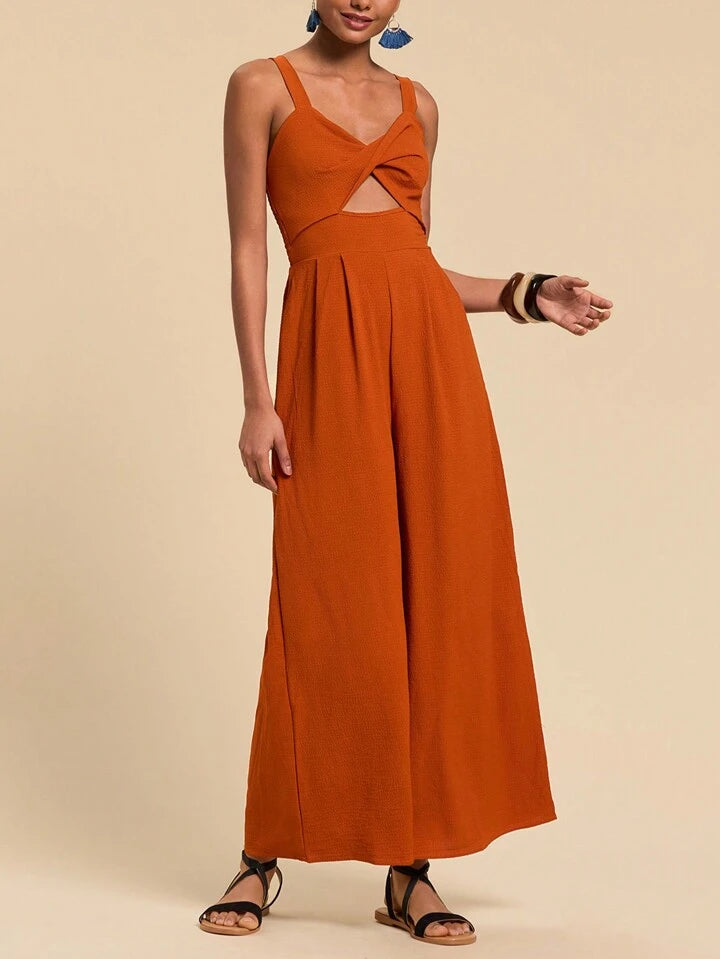 CM-JS719433 Women Trendy Bohemian Style Twist Front Cutout Cami Jumpsuit - Brown