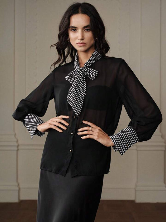 CM-TS429552 Women Elegant Seoul Style Tie Neck Button Front Long Sleeve Polka Dot Patchwork Chiffon Blouse