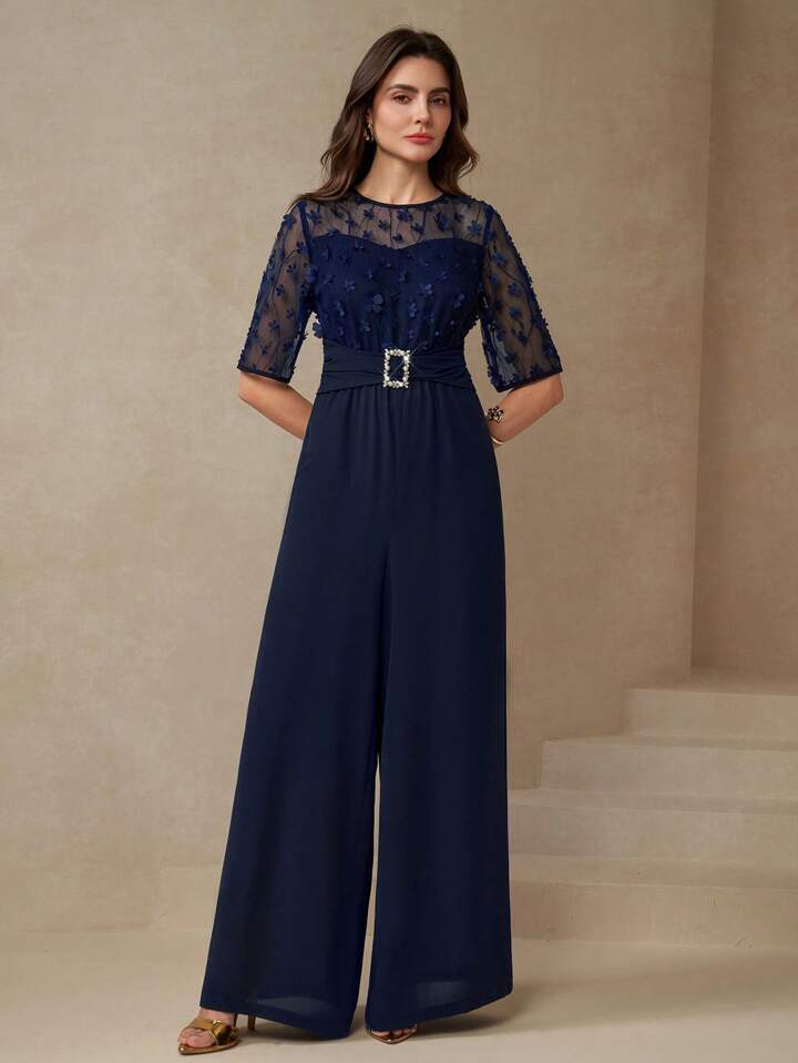 CM-JS605655 Women Elegant Seoul Style Round Neck Half Sleeve Mesh Buckle Wide Leg Jumpsuit