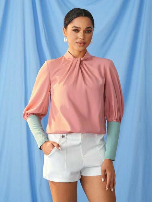 CM-TS991358 Women Elegant Seoul Style Long Sleeve Loose Fit Twisted Front Knot Shirt