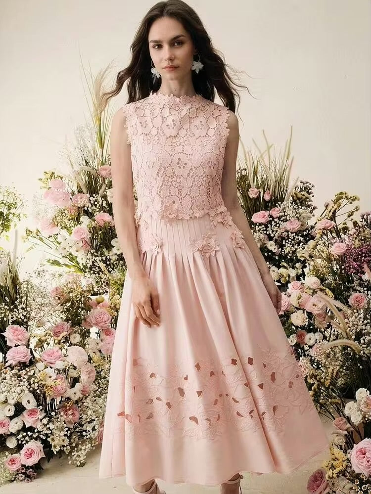 CM-DS194575 Women Elegant Seoul Style Stand Collar Sleeveless Floral Embroidered Lace Midi Dress - Pink