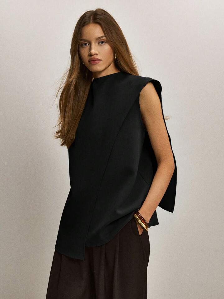 CM-TS065879 Women Elegant Seoul Style Stand Collar Sleeveless Asymmetric Hem Loose Blouse - Black