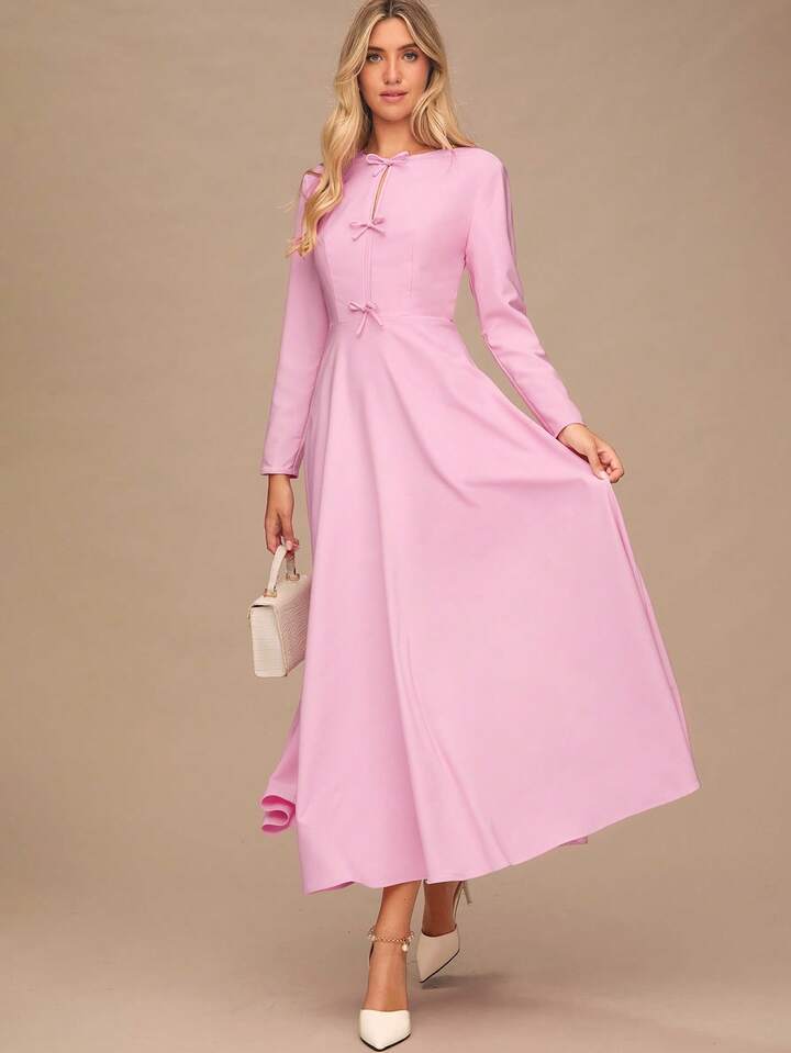 CM-DS775663 Women Elegant Seoul Style Bowknot Decor Round Neck Long Sleeves Maxi Dress - Pink