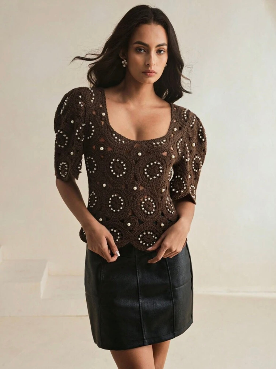 CM-TS750308 Women Casual Seoul Style Crochet Hollow-Out Balloon Sleeve Beaded T-Shirt - Coffee Brown