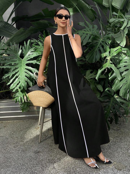 CM-DS384009 Women Casual Seoul Style Color-Conflicting Panels Sleeveless Loose Long Dress - Black