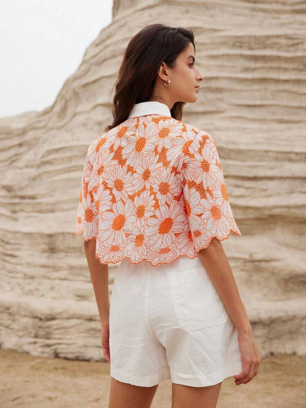 CM-TS660151 Women Trendy Bohemian Style Daisy Embroidery Hollow Out Shirt - Orange