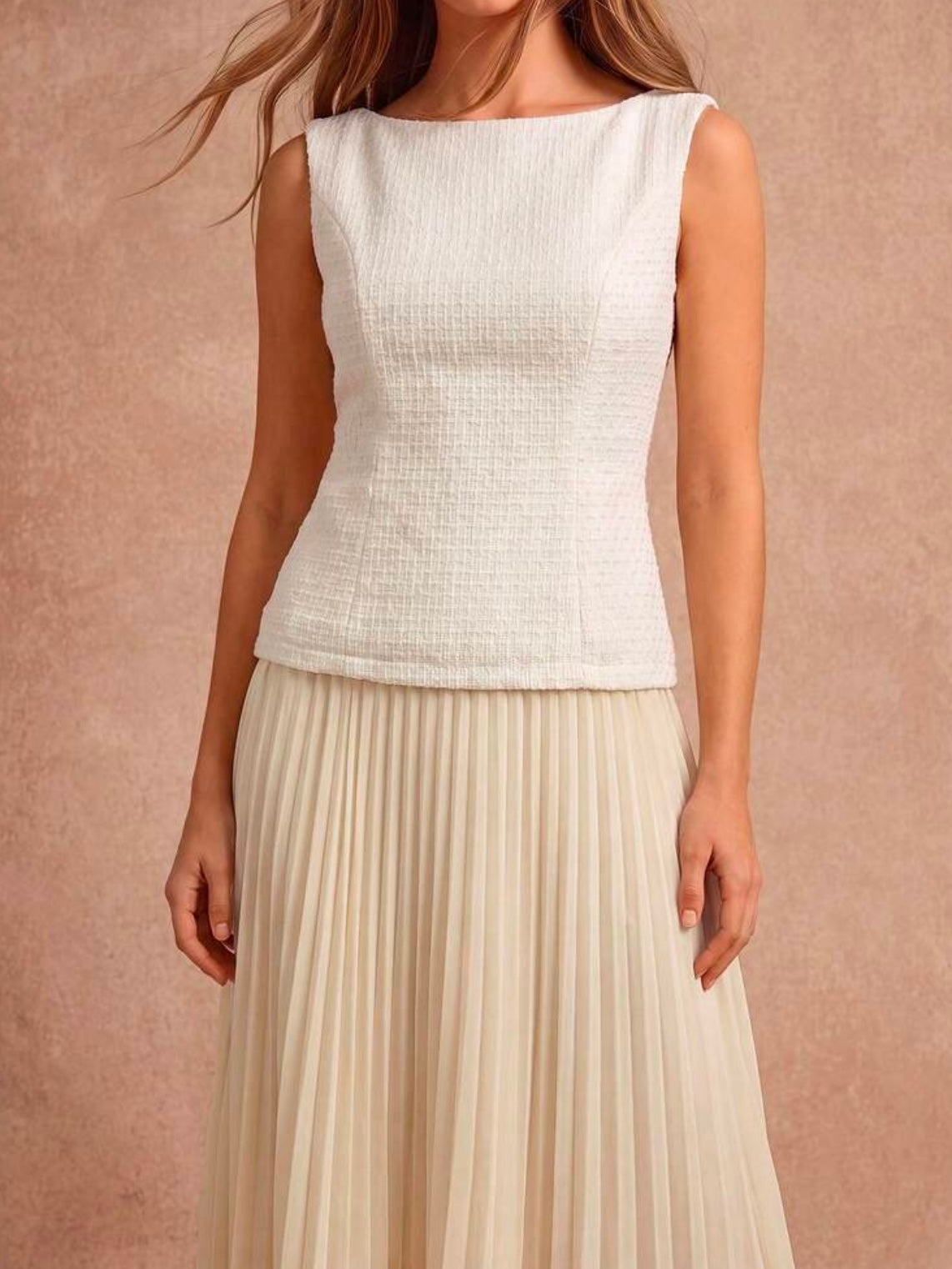 CM-DS567698 Women Elegant Seoul Style Boat Neck Sleeveless Pleated Hem Backless Maxi Dress - Beige