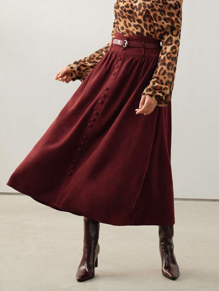 CM-BS566170 Women Elegant Seoul Style Suede Belted A-Line High Waist Maxi Skirt - Burgundy