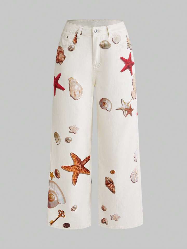 CM-BS225395 Women Casual Seoul Style Ocean Shell Starfish Conch Pearl Print Low Waist Loose Denim Jeans