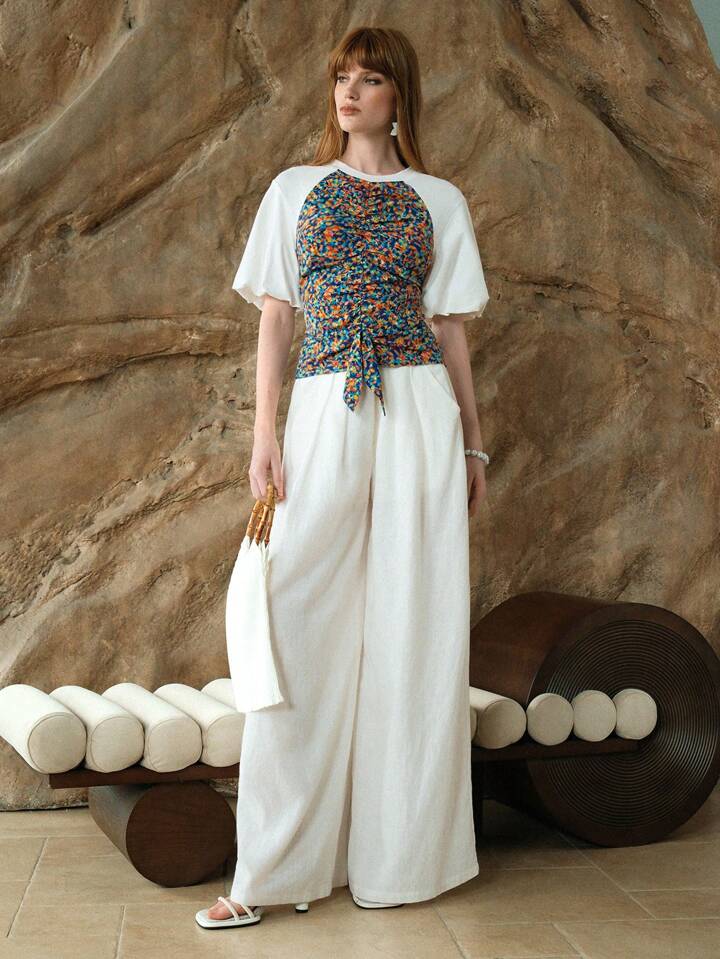CM-TS240034 Women Casual Seoul Style Round Neck Floral Print Pachwork Puff Sleeve Bowknot T-Shirt