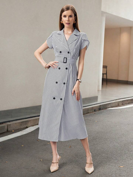 CM-DS422235 Women Casual Seoul Style Lapel Neckline Short Sleeve Striped Trench Dress With Belt