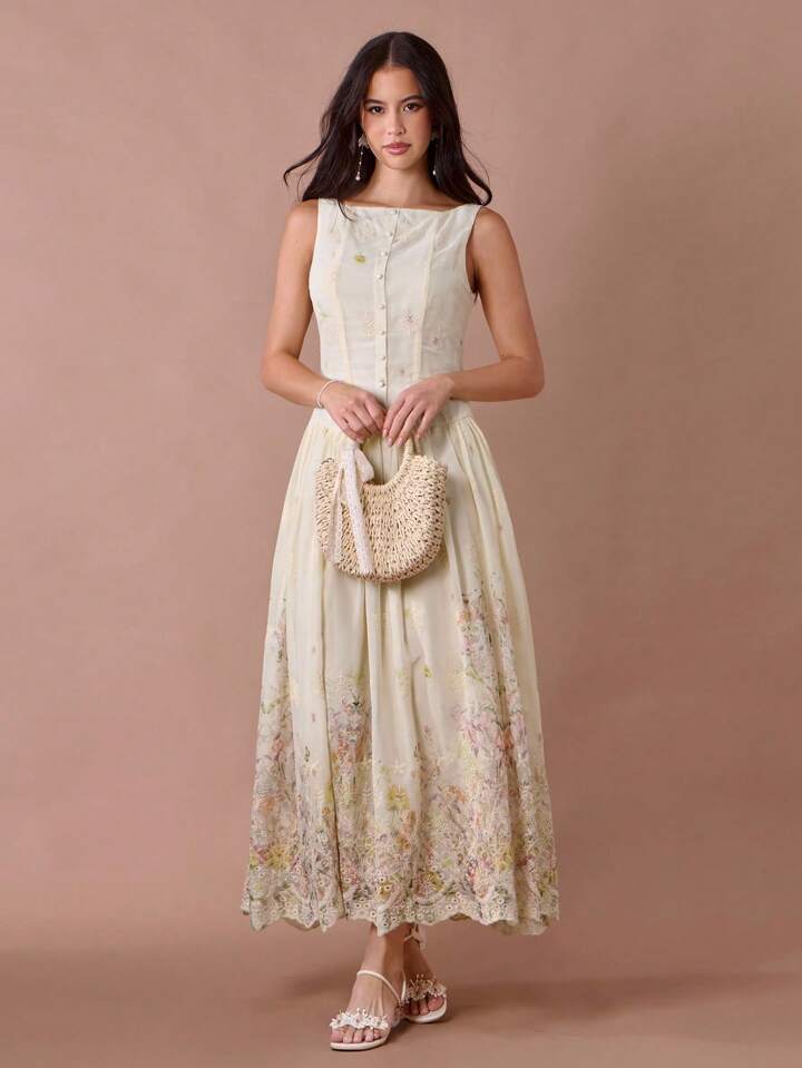 CM-DS074678 Women Elegant Seoul Style Floral Print Embroidered Single-Breasted Sleeveless Long Dress