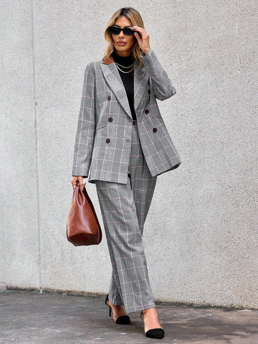 CM-SS226708 Women Elegant Seoul Style Contrast Panel Peak Collar Plaid Blazer With Pants Suit