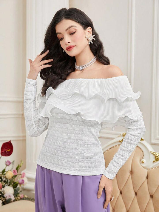 CM-TS342923 Women Elegant Seoul Style Off Shoulder Tiered Layer Long Sleeve Top - White
