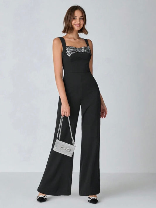 CM-JS432207 Women Elegant Seoul Style Sequin Bow Decorated Sleeveless Wide Leg Jumpsuit - Black