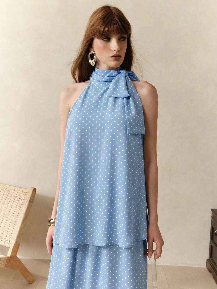CM-SS109547 Women Trendy Bohemian Style Chiffon Polka Dot Print Sleeveless Halter Neck Top With Skirt - Set