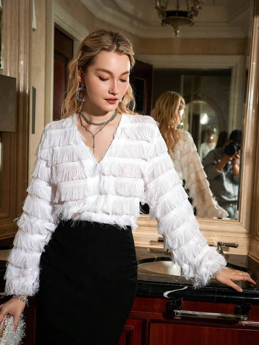 CM-TS584515 Women Casual Seoul Style V-Neck Long Sleeve Tassel Detail Shirt - White