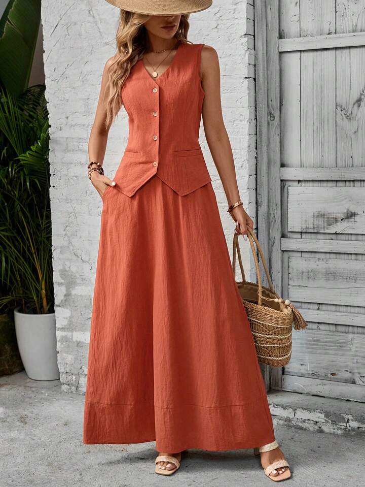 CM-SS653619 Women Trendy Bohemian Style Solid Color V-Neck Sleeveless Vest With Long Skirt - Set