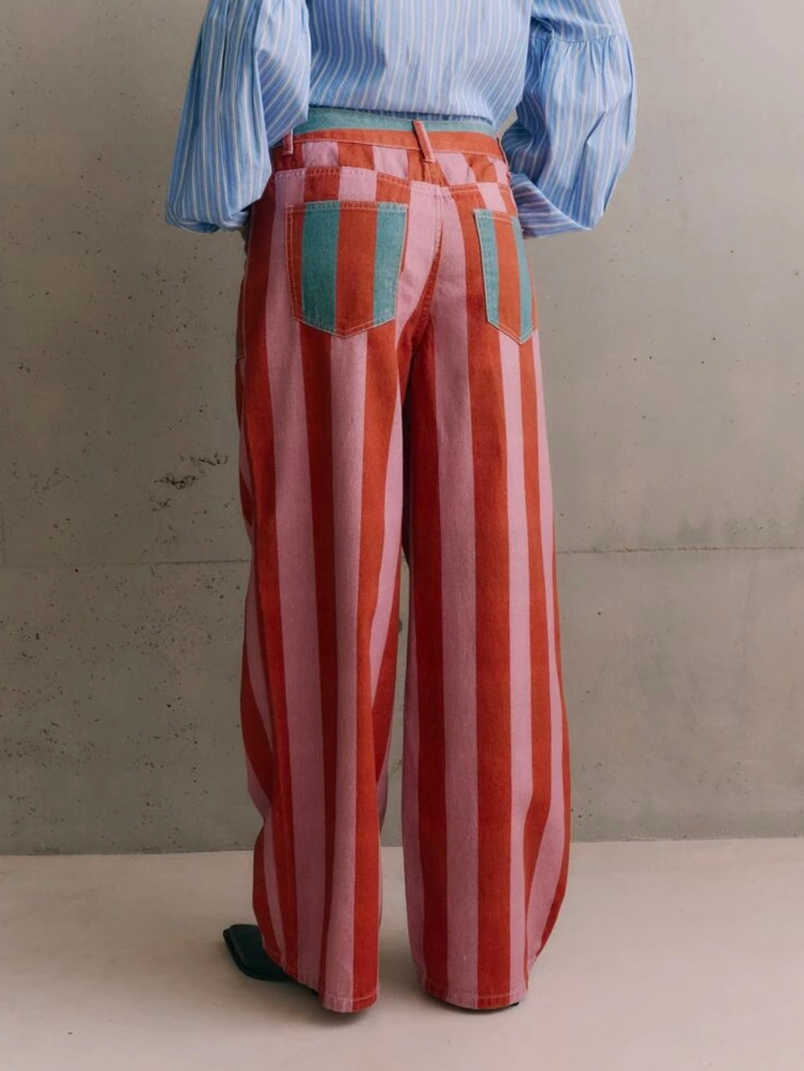 CM-BS998962 Women Elegant Seoul Style Mid Waist Front Patch Pockets Striped Wide Leg Denim Trousers