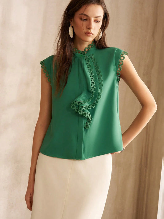 CM-TS410668 Women Elegant Seoul Style Stand Collar Flounce Sleeve Chiffon Contrast Lace Blouse - Green