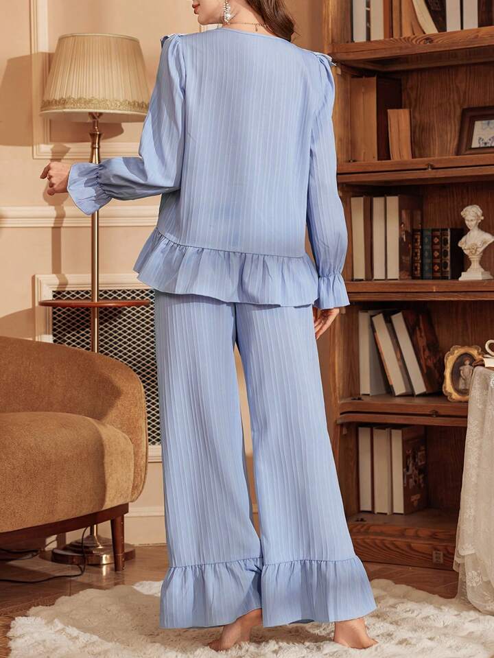 CM-LS389052 Women Trendy Seoul Style Lace Patchwork Turndown Collar Long Sleeve Loose Pajama Set - Blue