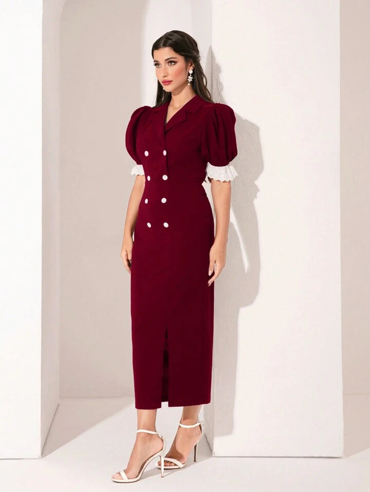 CM-DS071117 Women Elegant Seoul Style Lace Patchwork Double-Breasted Puff Sleeve Dress - Burgundy
