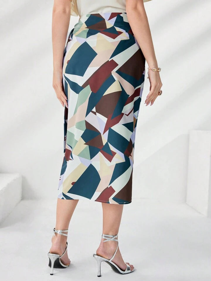 CM-BS808550 Women Elegant Seoul Style Geometric Print Knot Side Wrap Skirt