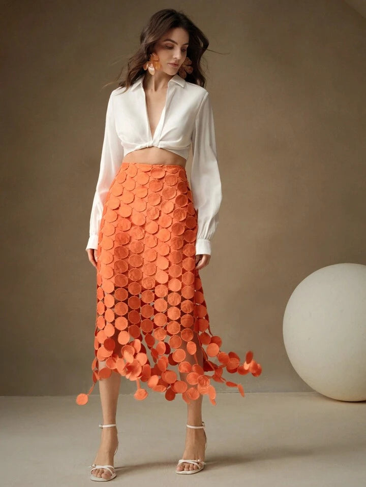 CM-BS858154 Women Trendy Bohemian Style Laser Cut Multi Circle Double Layered Maxi Skirt - Orange