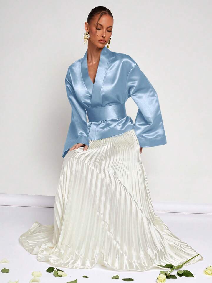 CM-TS888050 Women Elegant Seoul Style Solid Color V-Neck Wrap Flared Sleeve Blouse - Baby Blue
