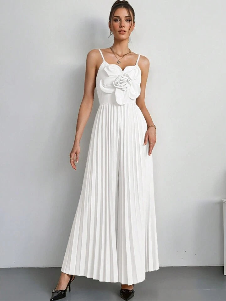 CM-JS250494 Women Elegant Seoul Style V-Neck Spaghetti Strap 3D Floral Wide Leg Jumpsuit - White