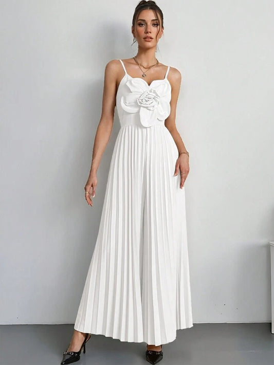 CM-JS250494 Women Elegant Seoul Style V-Neck Spaghetti Strap 3D Floral Wide Leg Jumpsuit - White