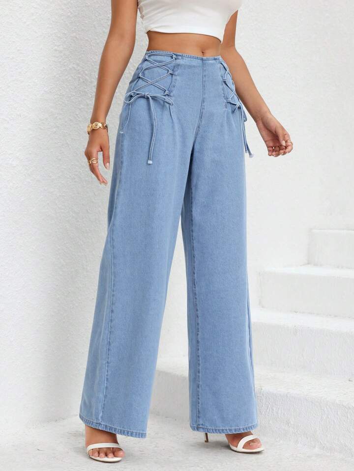 CM-BS222712 Women Casual Seoul Style Light Wash Lace Up Front Loose Wide Leg Jeans