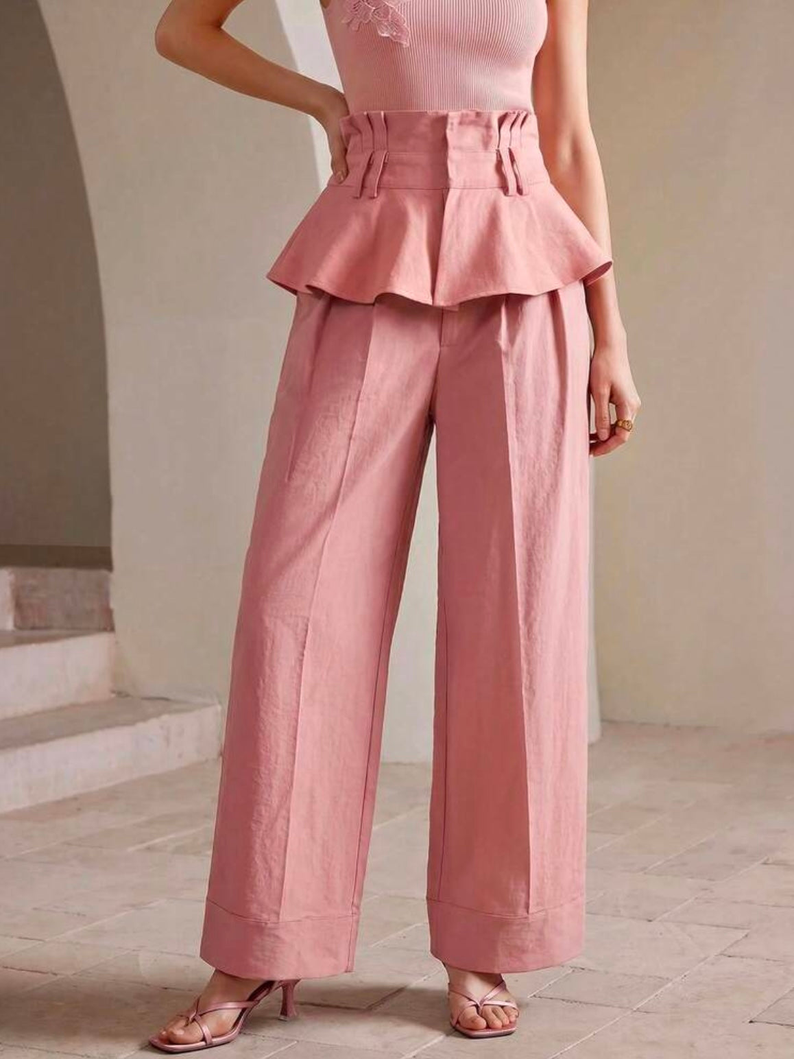 CM-BS252879 Women Elegant Seoul Style Pleated High-Waist Ruffle Hem Wide Leg Jeans - Pink