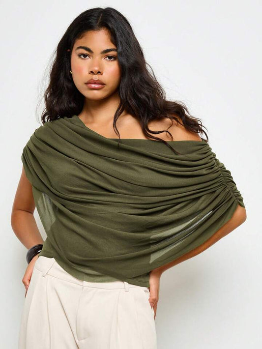 CM-TS345339 Women Elegant Seoul Style Off Shoulder Ruched Draped Long Sleeve Blouse - Army Green