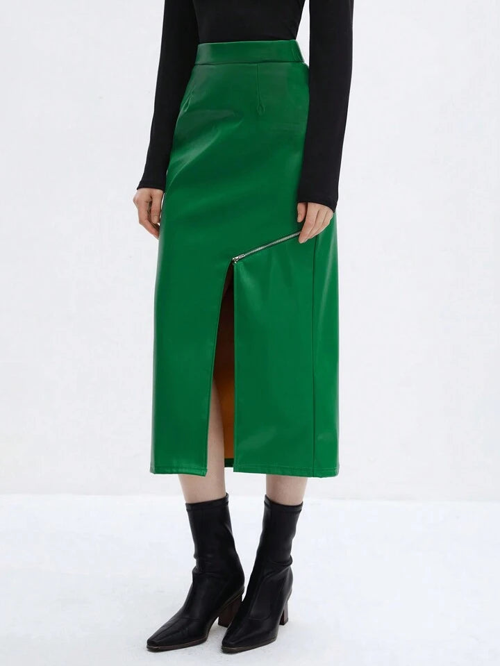 CM-BS095313 Women Elegant Seoul Style High Waist Slit Hem Skinny Skirt - Green