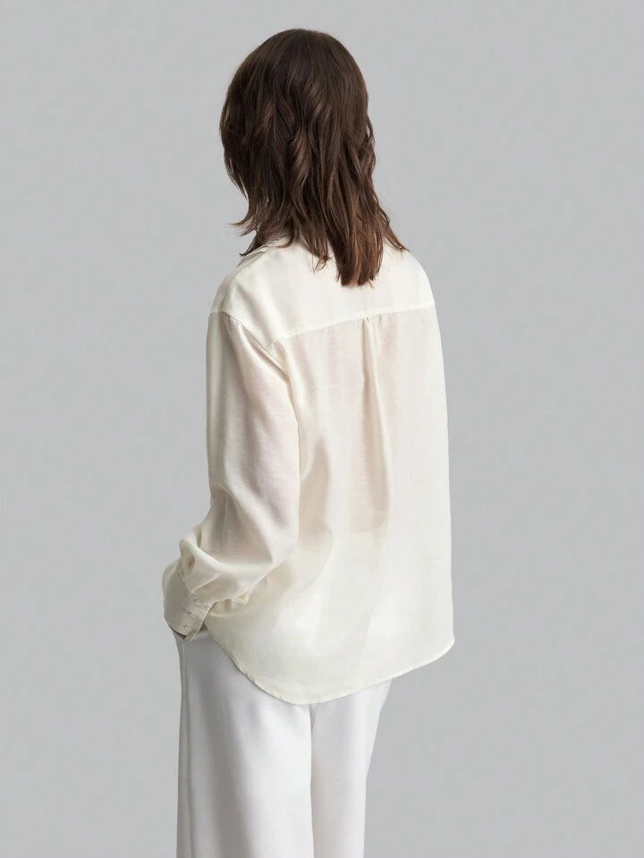 CM-TS444216 Women Casual Seoul Style Solid Pleated Detail Long Sleeve Blouse - White