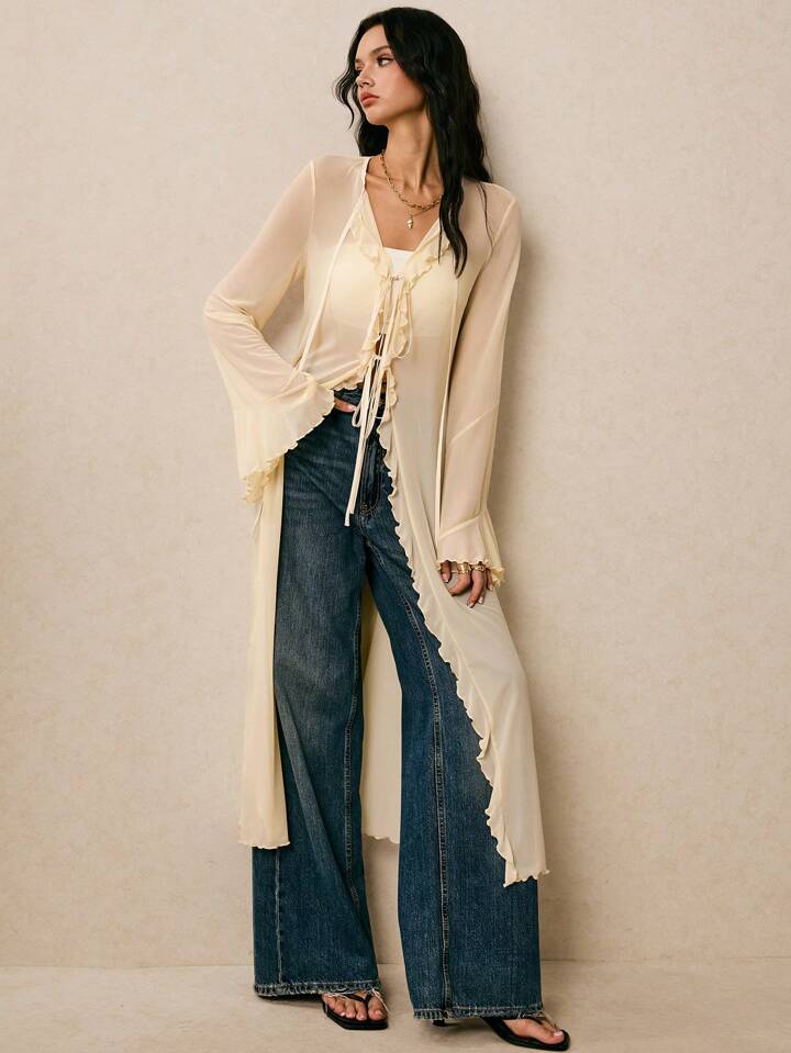 CM-TS834204 Women Casual Seoul Style Solid Color Ruffle Mesh Flare Sleeve Front Tie Long Shirt - Apricot