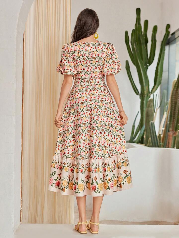 CM-DS701592 Women Trendy Bohemian Style Floral Print Square Neck Puff Sleeve Dress