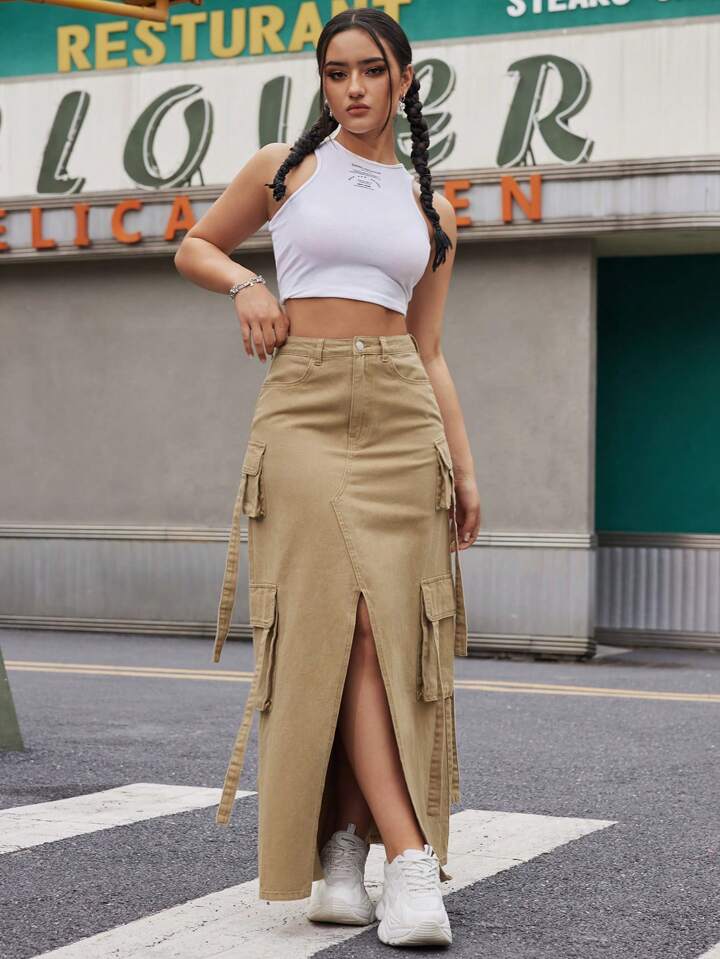CM-BS203122 Women Casual Seoul Style Front Button Pocket Slit Denim A-Line Skirt - Brown