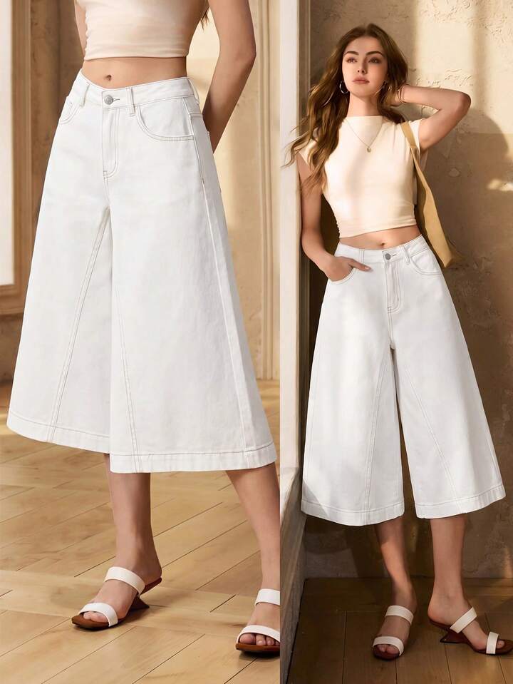 CM-BS133264 Women Casual Seoul Style Mid Waist Pockets Button Wide Leg Jeans - White