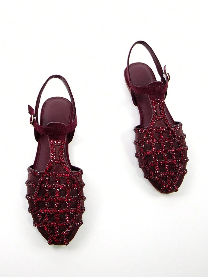 CM-SHS366289 Women Trendy Seoul Style Rhinestone Decor Hollow Faux Suede Round Toe Flats With Ankle Strap