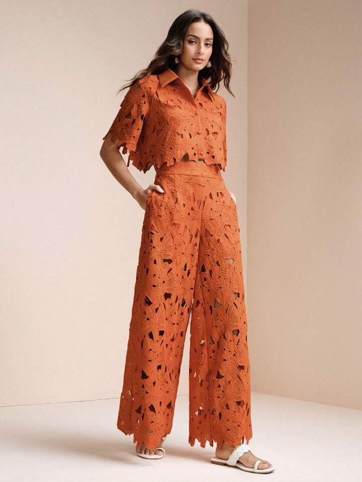 CM-SS712688 Women Trendy Bohemian Style Laser Cut Out Embroidered Short Sleeve Crop Top With Wide Leg Pants - Set