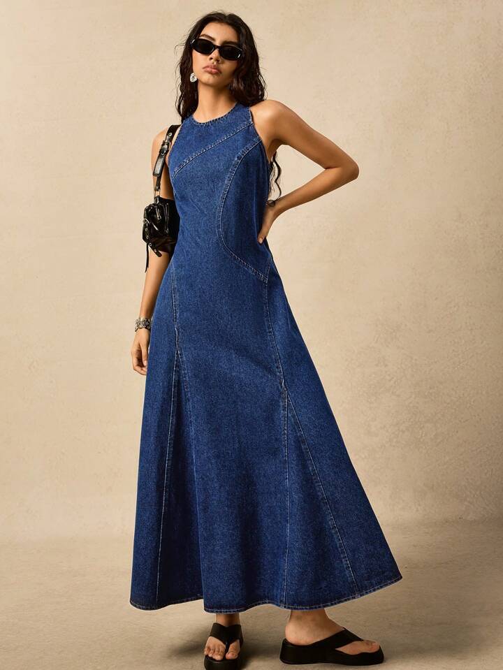 CM-DS674256 Women Casual Seoul Style Round Neck Sleeveless Mid Waist Split Loose Denim Dress - Blue