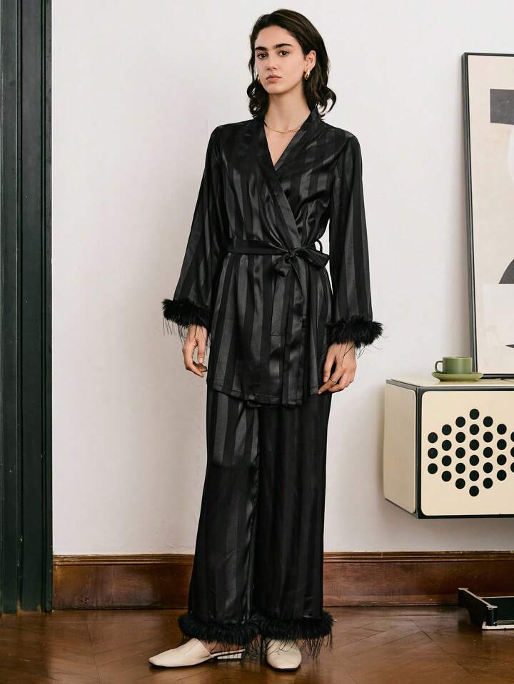 CM-LS242769 Women Trendy Seoul Style Striped Satin Wool Cuff Wrist-Length SleevePajama Set - Black