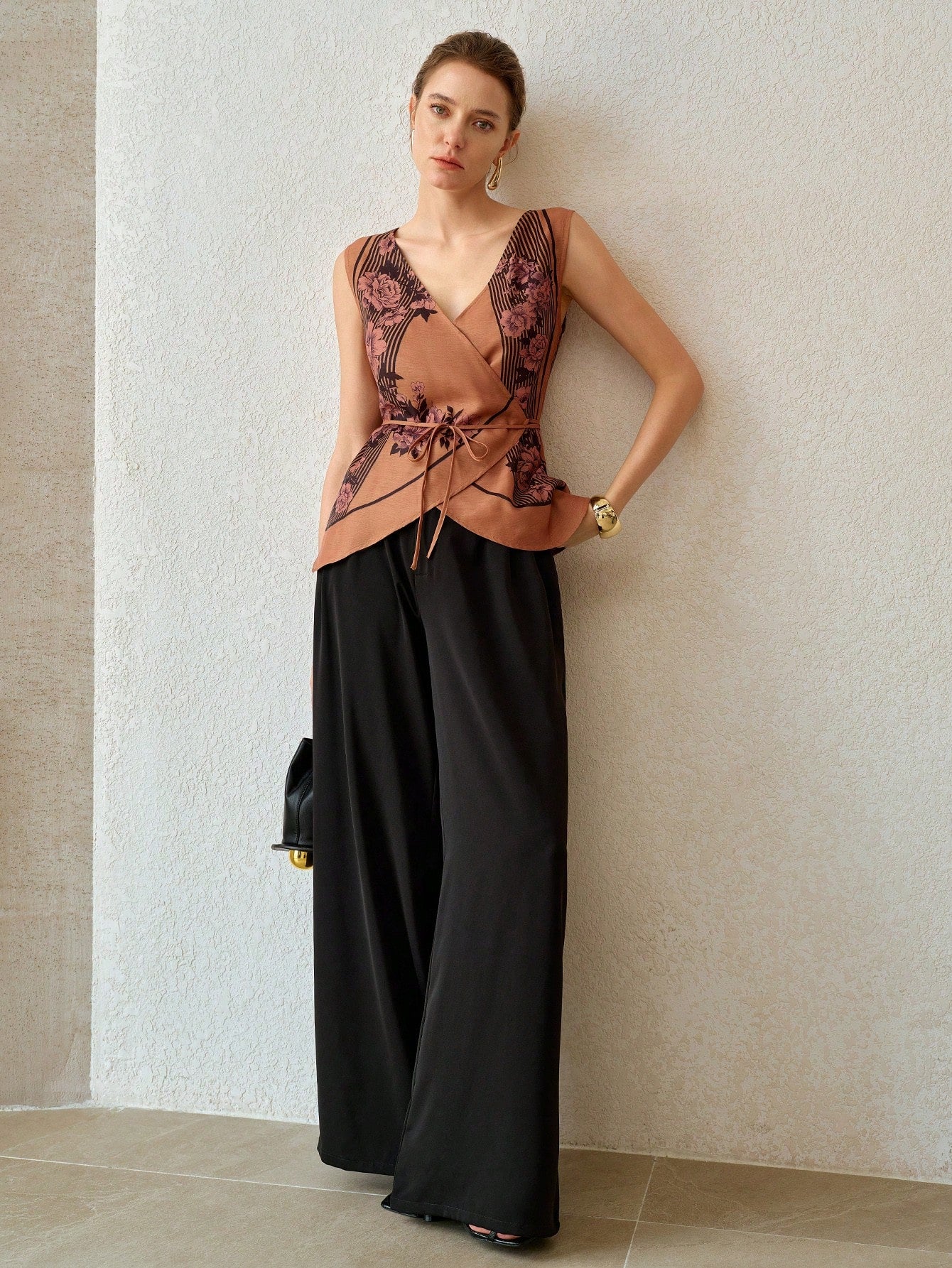 CM-TS820109 Women Casual Seoul Style V-Neck Sleeveless Floral Print Asymmetrical Top - Mocha Brown