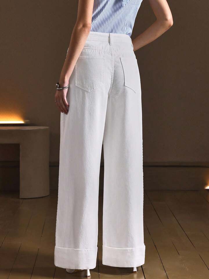 CM-BS517956 Women Casual Seoul Style Mid Waist Floral Lace Patchwork Straight Leg Jeans - White