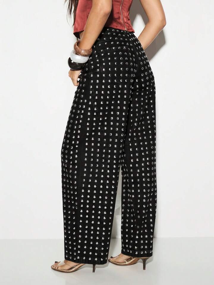 CM-BS956868 Women Casual Seoul Style High Waisted Metal Studs Wide Leg Palazzo Jeans - Black