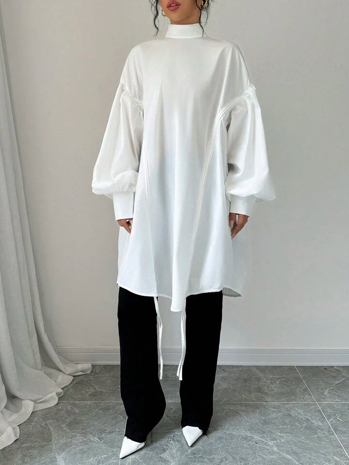CM-TS110618 Women Casual Seoul Style Solid Color Stand Collar Long Sleeve Loose Pleated Shirt - White