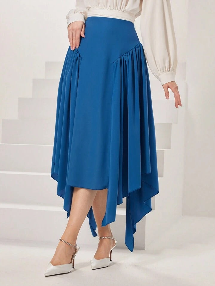 CM-BS168235 Women Elegant Seoul Style Solid Color Asymmetric Hem Skirt - Blue