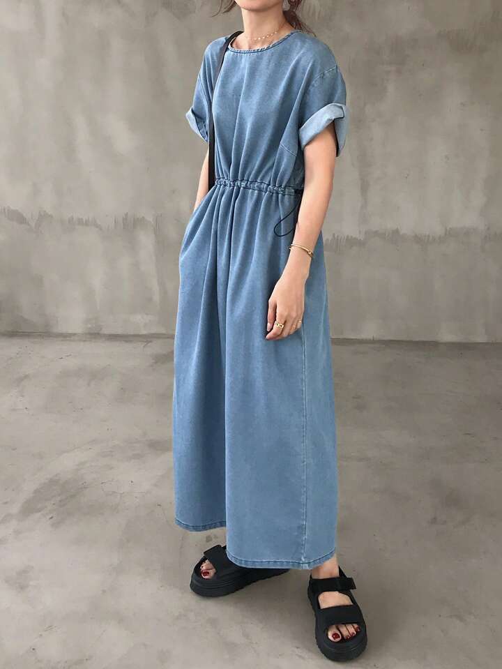 CM-DS589815 Women Casual Seoul Style Round Neck Short Sleeve Drawstring Waist Midi Denim Dress - Blue
